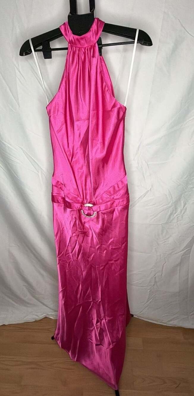 Betsy & Adam Halter Maxi Gown Size 6 Pink Satin Rhinestone Ring